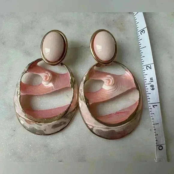 Vintage Dangle Long Pierced‎ Rose Gold Enamel Earrings - Picture 2 of 4